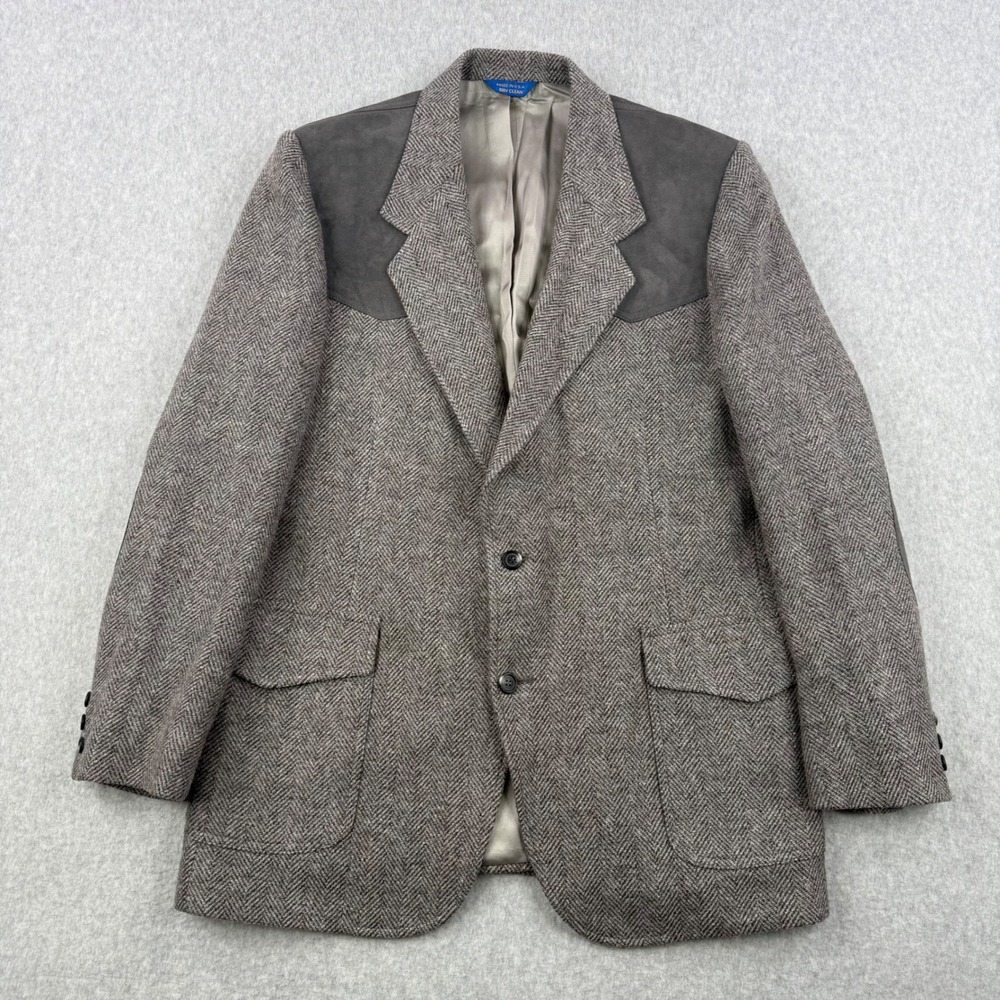 Vintage Pendleton Blazer Mens 44 Long Gray Herringbone Western Suede Yoke Tweed